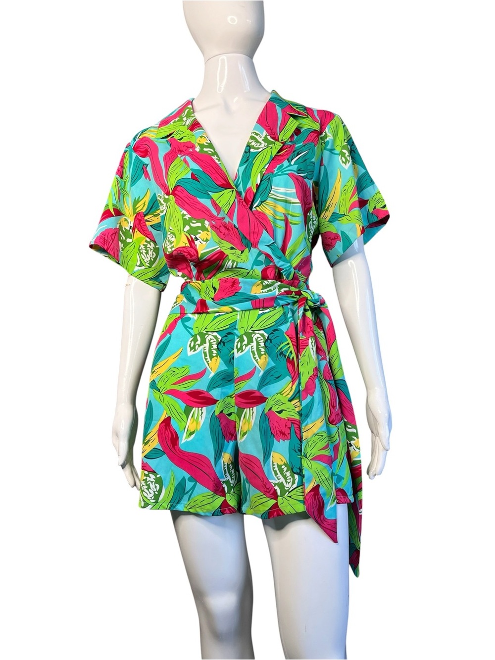 Milk & Honey Surplice Wrap Side Tie Tropical Print Romper Size L
